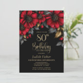 スタイリッシュな赤い花柄のブラック80歳の誕生日パーティー 招待状 (スタンド正面)