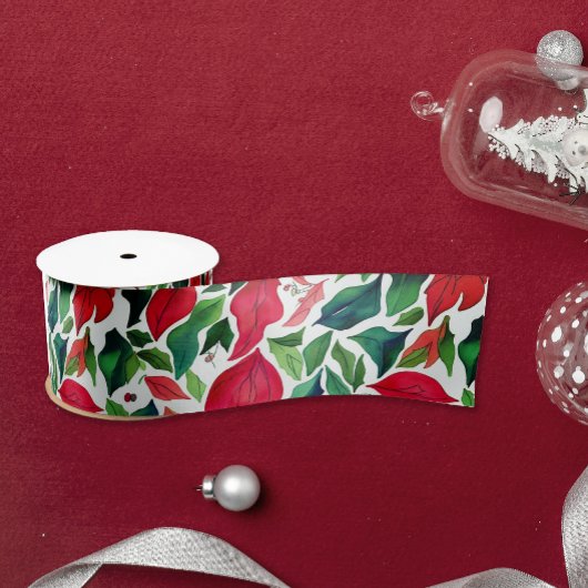 スタイリッシュな赤と緑の葉のクリスマス水彩画 サテンリボン