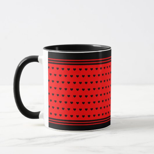 スタイリッシュな赤と黒のハート柄マグカップ マグカップ (左)