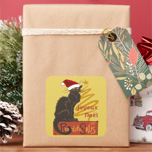 スタイリッシュな金の木が描かれた「Joyeux Noel Le Chat Noir」 スクエアシール (クリスマス)