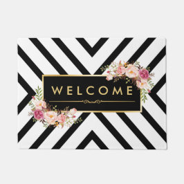 スタイリッシュな金ゴールドのヴィンテージの花の白黒パターン ドアマット