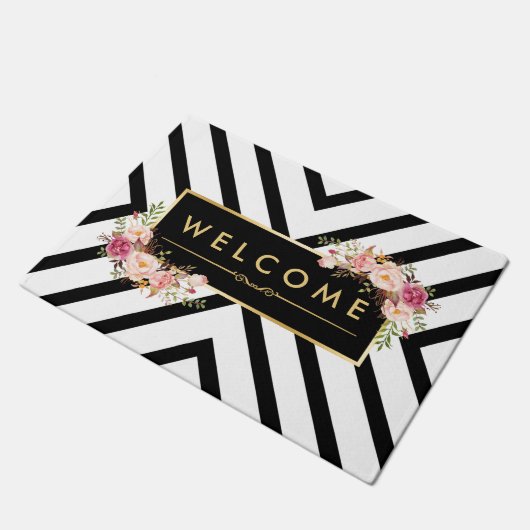 スタイリッシュな金ゴールドのヴィンテージの花の白黒パターン ドアマット (アングル)