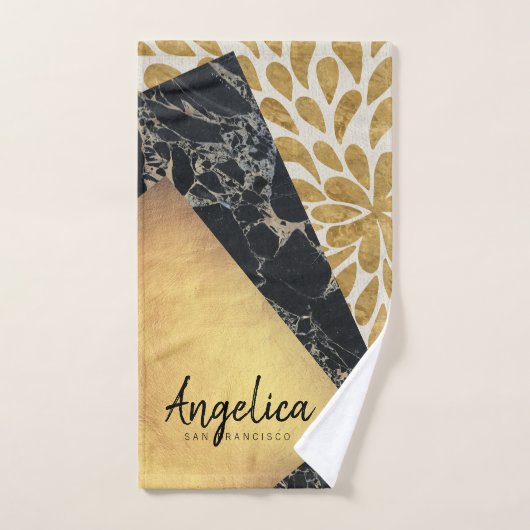 スタイリッシュな金ゴールドの涙のペンキの黒の大理石のモノグラム ハンドタオル (ハンドタオル)