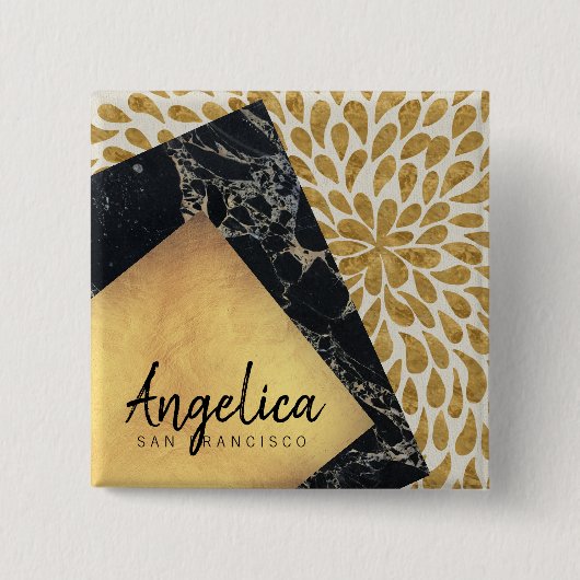 スタイリッシュな金ゴールドの涙のペンキの黒の大理石のモノグラム 缶バッジ (正面)