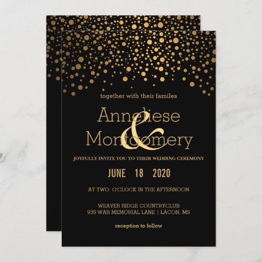スタイリッシュな金ゴールドの紙吹雪および黒い結婚式招待状 招待状 (正面/裏面)