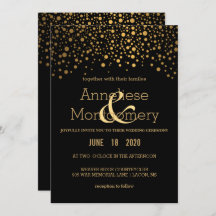スタイリッシュな金ゴールドの紙吹雪および黒い結婚式招待状