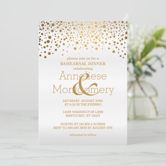 スタイリッシュな金ゴールドの紙吹雪及び白いリハーサルの夕食 招待状 (スタンド正面)