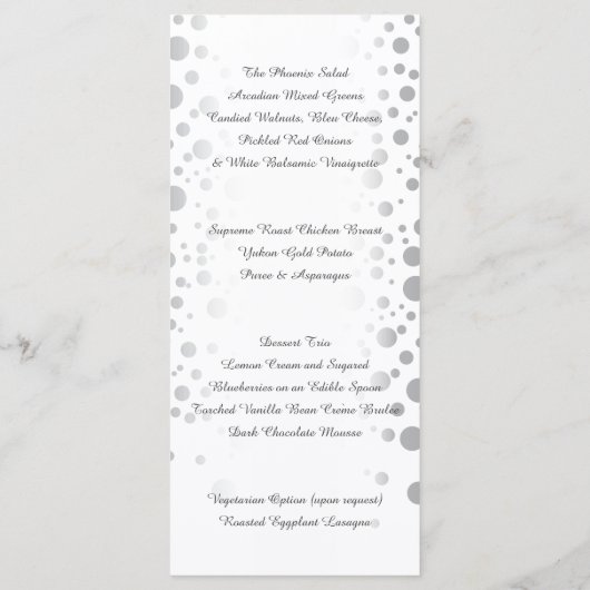 スタイリッシュな銀製の紙吹雪は|の白い背景に点を打ちます- メニュー (裏面)