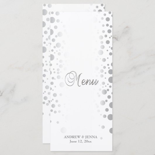 スタイリッシュな銀製の紙吹雪は|の白い背景に点を打ちます- メニュー (正面/裏面)