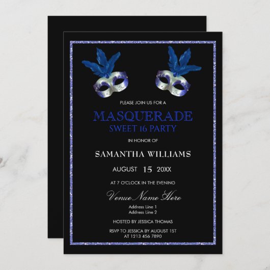 スタイリッシュな青いグリッター・マスカレード・スイート16 招待状 (正面/裏面)