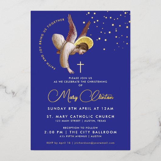 スタイリッシュな青い天使の洗礼の絵画 箔招待状 (正面)