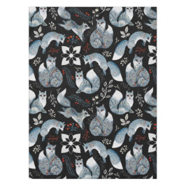 スタイリッシュな青い狐に繊細な花模様 テーブルクロス