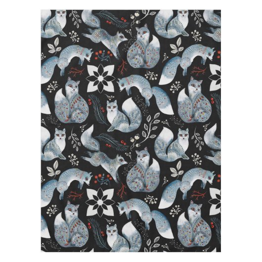 スタイリッシュな青い狐に繊細な花模様 テーブルクロス (正面)