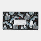 スタイリッシュな青い狐に繊細な花模様 デスクマット (キーボード&マウス)