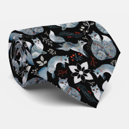 スタイリッシュな青い狐に繊細な花模様 ネクタイ