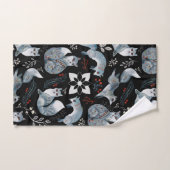 スタイリッシュな青い狐に繊細な花模様 バスタオルセット (ハンドタオル)