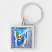 スタイリッシュな青と白のミコノス ギリシャ 水彩 キーホルダー (正面)