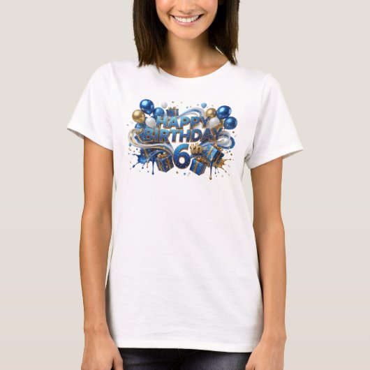 スタイリッシュな青色のHAPPY BIRTHDAY 6THプリント Tシャツ (正面)