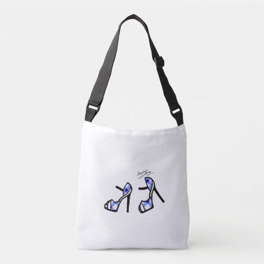 スタイリッシュな靴のプリント-インディゴの格子縞 クロスボディバッグ (正面)