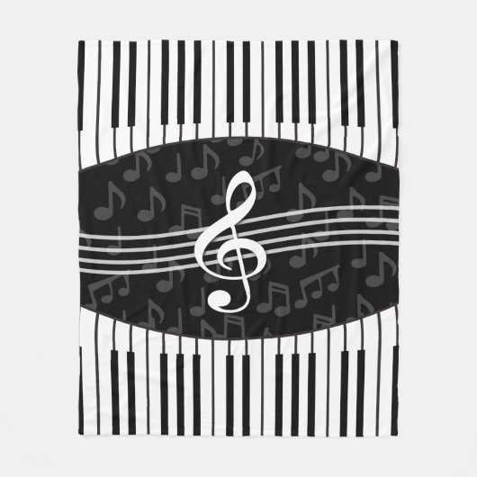 スタイリッシュな音符のクレフ、音符記号およびピアノ鍵 フリースブランケット (正面)