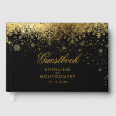 スタイリッシュな黒および金ゴールドの雪片 ゲストブック (正面)