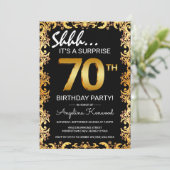 スタイリッシュな黒とゴールドの70歳のサプライズ誕生日パーティー 招待状 (スタンド正面)