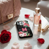 スタイリッシュな黒とピンクの花柄の水彩カスタムネーム iPhoneケース