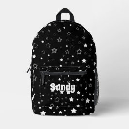 スタイリッシュな黒と白のかわいい星のカスタムネーム プリントバックパック