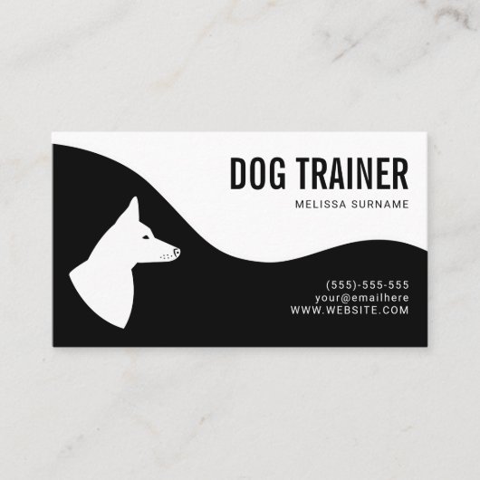 スタイリッシュな黒と白の犬のシルエット ドッグトレーナー 名刺 (正面)