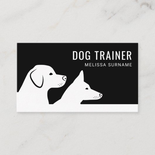 スタイリッシュな黒と白の犬のシルエット 犬トレーナー 名刺 (正面)