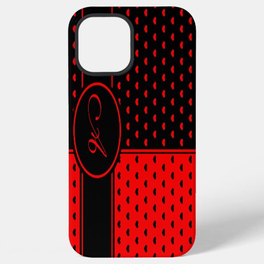 スタイリッシュな黒と赤のハート柄 モノグラム iPhoneケース (裏面)