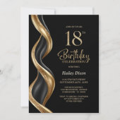 スタイリッシュな黒と金の18歳の誕生日パーティー 招待状 (正面)