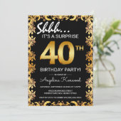 スタイリッシュな黒と金の40歳のサプライズ誕生日パーティー 招待状 (スタンド正面)