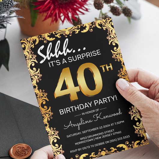 スタイリッシュな黒と金の40歳のサプライズ誕生日パーティー 招待状