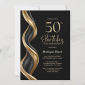 スタイリッシュな黒と金の50歳の誕生日パーティー 招待状 (正面)