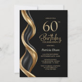 スタイリッシュな黒と金の60歳の誕生日パーティー 招待状 (正面)