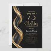 スタイリッシュな黒と金の75歳の誕生日パーティー 招待状 (正面)