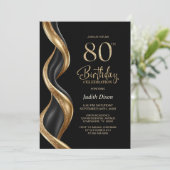 スタイリッシュな黒と金の80歳の誕生日パーティー 招待状 (スタンド正面)