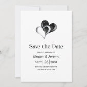 スタイリッシュな黒と銀のハートの結婚式 セーブザデート (正面)