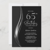 スタイリッシュな黒と銀の65歳の誕生日パーティー 招待状 (正面)