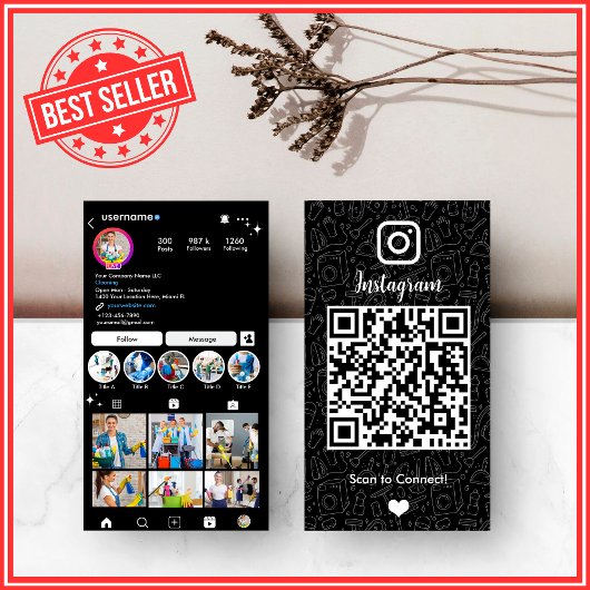 スタイリッシュな黒のハウスキーピングInstagram QR 名刺