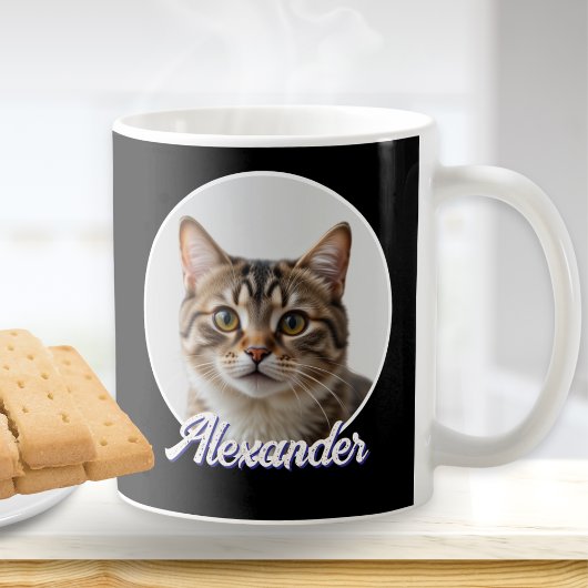 スタイリッシュな黒猫の写真と名前 コーヒーマグカップ