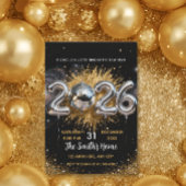 スタイリッシュな2026年大晦日パーティー ゴールドラメ ブラック 招待状