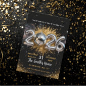 スタイリッシュな2026年大晦日パーティー ゴールドラメ ブラック 招待状