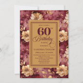 スタイリッシュな60歳の誕生日 ブルゴーニュピンクの花 ゴールド 招待状 (正面)