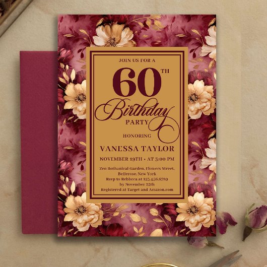 スタイリッシュな60歳の誕生日 ブルゴーニュピンクの花 ゴールド 招待状