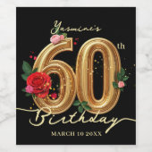 スタイリッシュな60歳の誕生日 黒 金 赤 ピンクのバラ ワインラベル (シングルラベル)