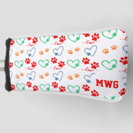 スタイリッシュなDOG PAW PRINTSとLOVE HEARTSのモノグラム ゴルフヘッドカバー