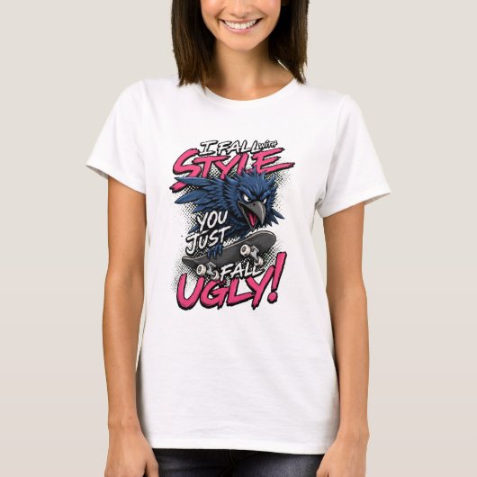 スタイリッシュに転ぶ鳥スケーター引用イラスト Tシャツ (正面)