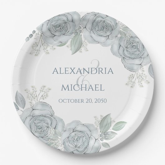 スタイリッシュの結婚ほこりっぽい青いフローラバラ花 ペーパープレート (正面)